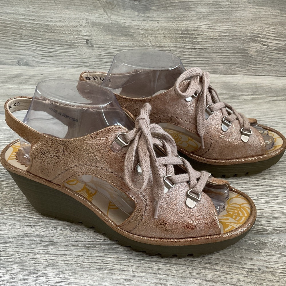 Fly London Sandals Womens 9 40 Ylfa Slingback Brown Lace Up Peep Toe Wedge Heels